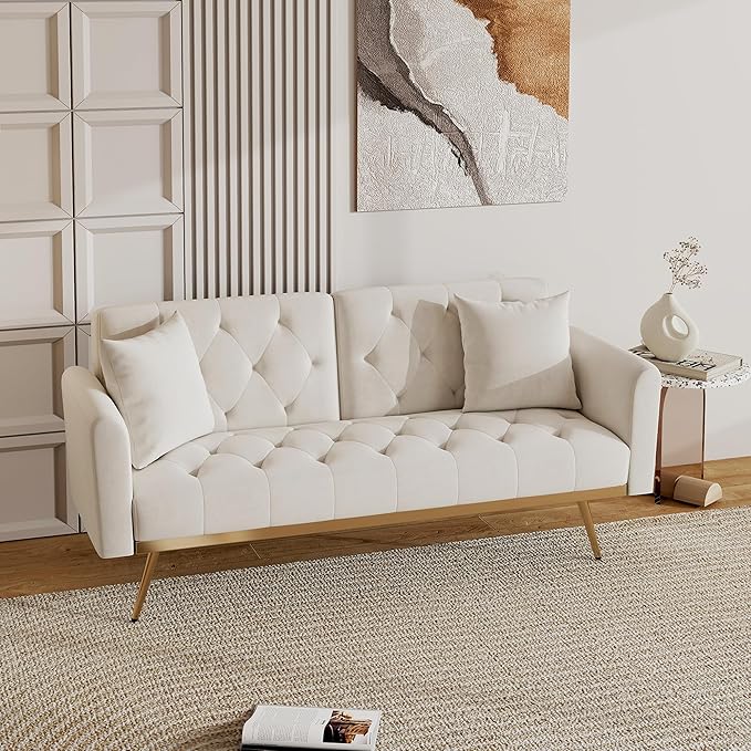 Modern Velvet 2 in 1 Futon Sofa BedConvertible Folding Sleeper Bed Couches with 2 Pillows73 Tufted Recliner Love Seat with Golden Chrome Legs for Living Room Apartment Office (Beige-New)