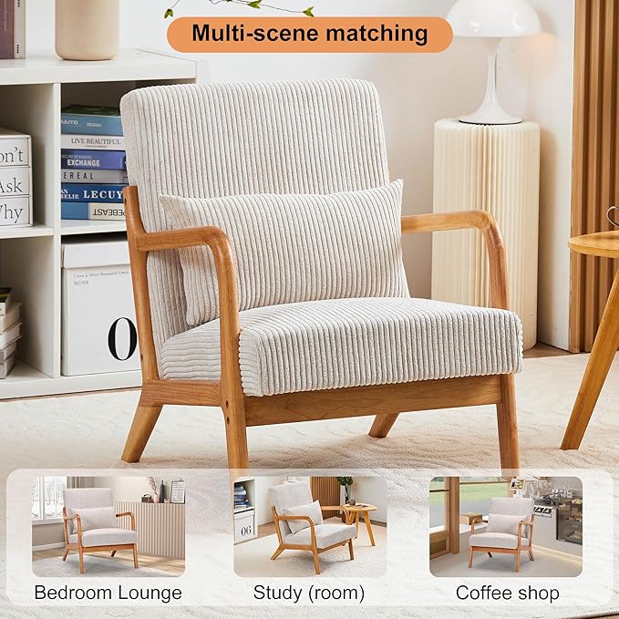Furniliving Wooden Accent Chair Set of 2 for Living Room Upholstered Reading Chair with Sturdy Wood FrameCorduroy Lounge Armchairs for Bedroom Patio Furniture Beige