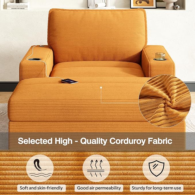 42.8 Oversized Chaise Lounge Chair with Storage Ottoman Corduroy Sofa Bed with Cup Holders &amp USB Charging Port Upholstered Sleeper Chair for Living Room BedroomYellow