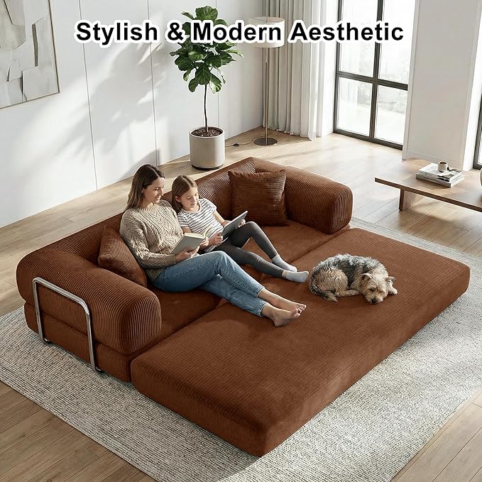 78Inch Compression Sofa 4-in-1 Convertible Floor Sleeper Sofa Bed Folding Sofa Couch with Pillow Support Armrest Cloud Corduroy Foldable Mattress for Living Room Bedroom