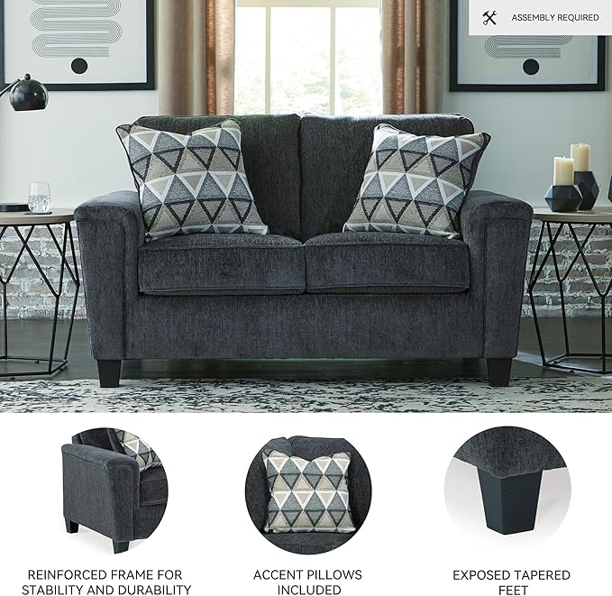 Signature Design by Ashley Abinger Chenille Contemporary Loveseat with 2 Accent Pillows Dark Gray