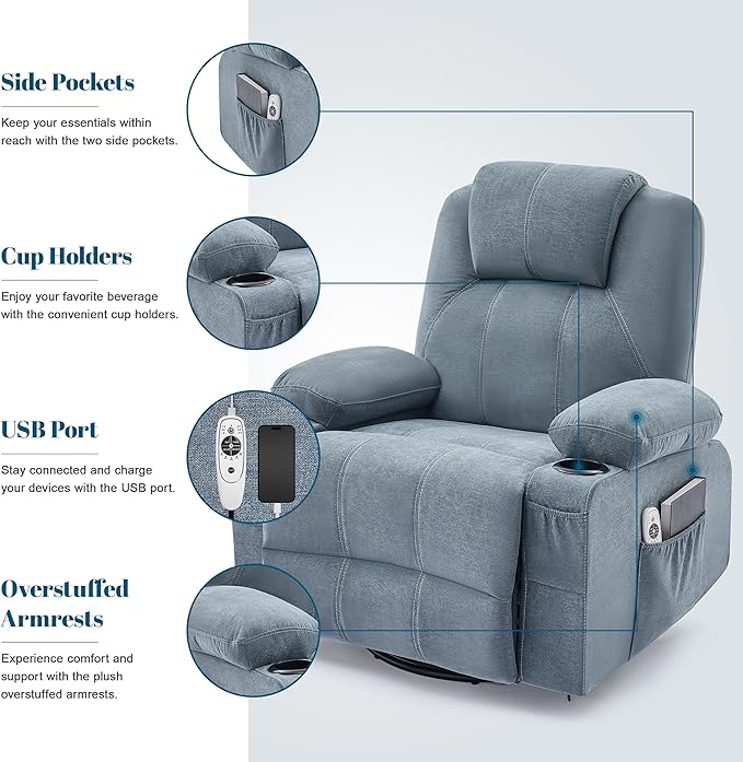 Swivel Rocker Recliner Chair with Heat and Massage Big Oversized Rocking Single Sofa for Living Room 360 Degree Swivel Recliner Chair with USB Port and Cup Holders (Fabric Blue)