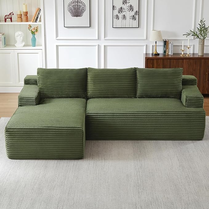 Modern Corduroy Modular Sectional Sofa96.1 Minimalist Style L-Shaped 3 Seat Couch with Side Storage PocketsComfortable Chaise Lounge for Living RoomReception AreaGreen Left Chaise Lounge