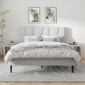 Queen Size Platform Bed Frame with Geometric Upholstered Headboard Noise Free Wooden Slats Support No Box Spring Needed Easy Assembly Light Grey Linen