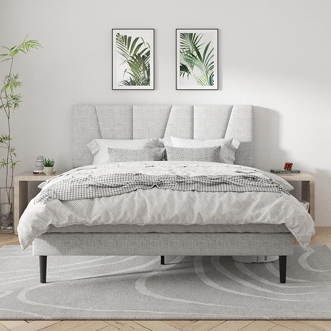 Queen Size Platform Bed Frame with Geometric Upholstered Headboard Noise Free Wooden Slats Support No Box Spring Needed Easy Assembly Light Grey Linen