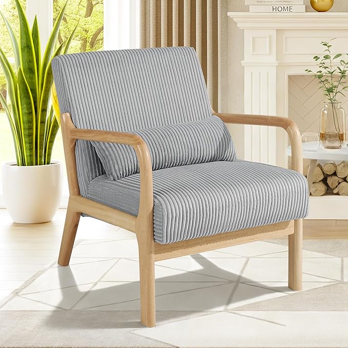 Accent Chair Mid-Century Modern Armchair with Waist Cushion Fabric Lounge Reading Chair with Wood Frame Comfy Single Sitting Seat for Living Room Bedroom Balcony up to 450lbs Gray
