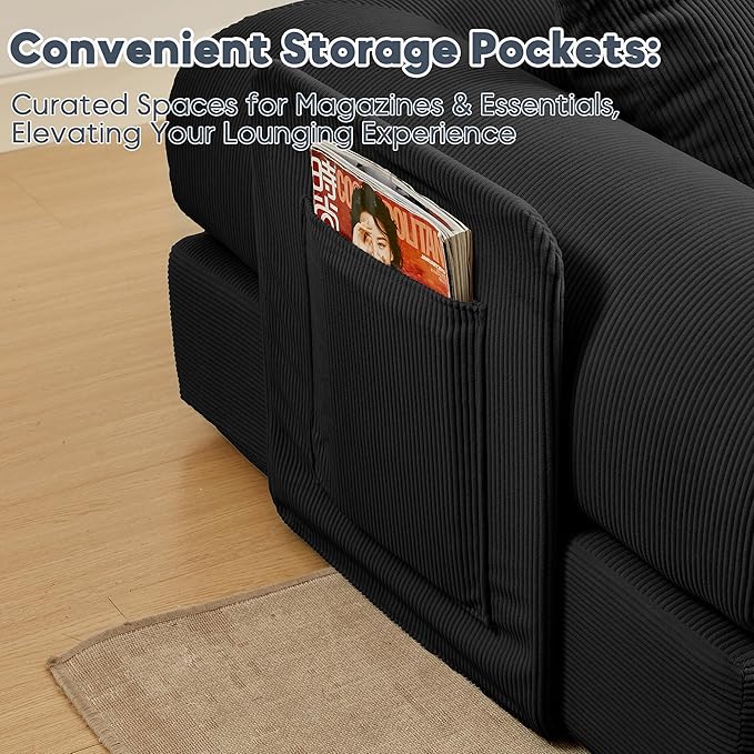 Modular L Shaped Sofa Bed with Cylindrical Pillow &amp Reversible Chaise Corduroy Convertible Floor Boneless Sofa Couch Bed with Fixed-Shape Frame &amp Storage Pocket for Living Room Black