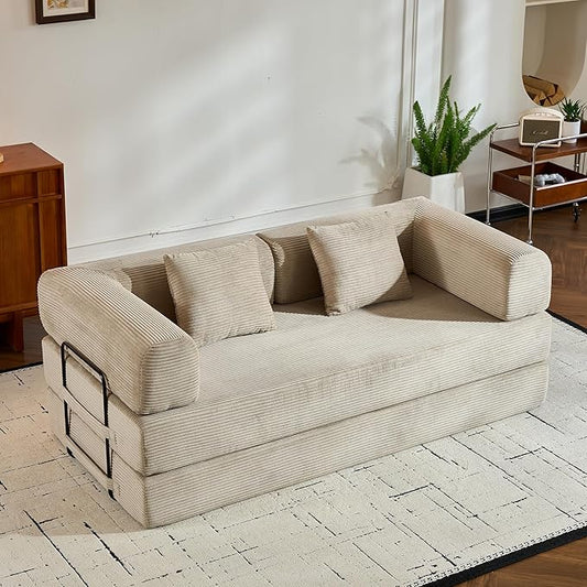 Convertible Boneless Lounge Couch Comfy Floor Sofa Bed for Bedroom Corduroy Floor Sofa with Armrest Floor Couch Bed for Living Beige