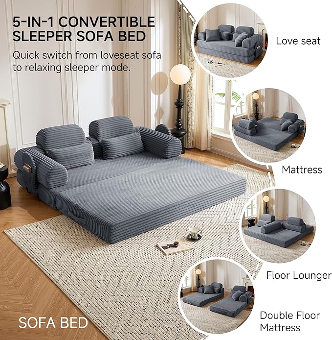 79 Sofa Bed Deep Seat 32 Sleeper Sofa 5-in-1 Convertible Sofa Bed Boneless Couch in a Box Corduroy Floor Futon with Thickened backrest and Headrest Pillows Side Pockets Dark Grey | 32 Deep Se