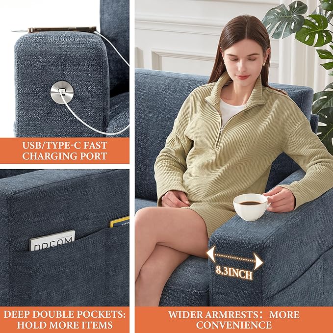Ihanherry 70 Inch Loveseat Sofa with USB/Type-C Charging Port &amp Side Pocket Comfy Modern 2-Seats Sofa for Living Room &amp Bedroom Removable Medium Firm Sofa Cushion Breathable Chenille Fabric