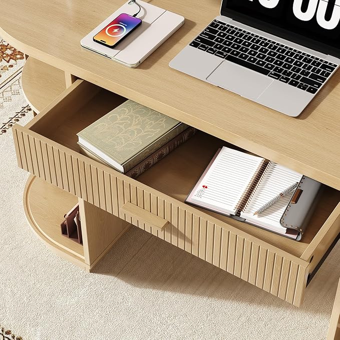 ONBRILL 58 Inch Fluted Executive Desk with Drawers Large Computer Desks with Storage Mid Century Modern Office Desk with Charging Station for Home Office Living Room Bedroom (Oak)