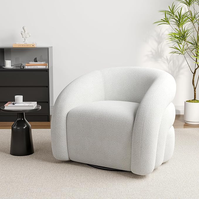 UIXE Swivel Barrel Accent Chair Boucle Upholstered Arm Chair for Living Room Modern Round Armchair Comfy Reading Sofa Seat with Solid Metal Base Fully Assembled - White