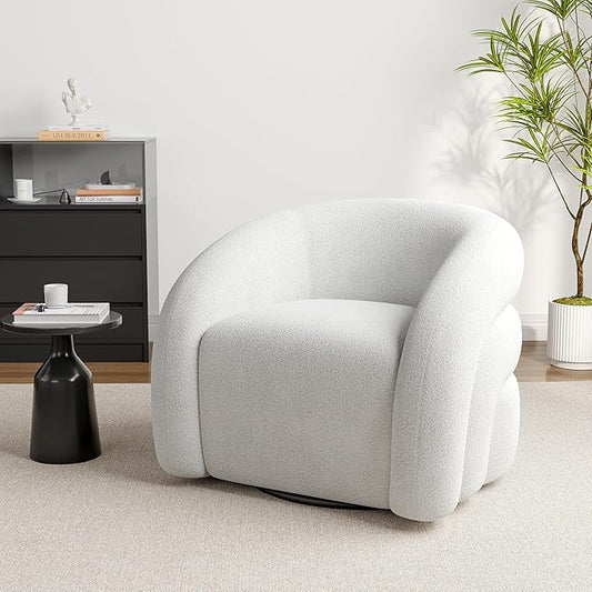 UIXE Swivel Barrel Accent Chair Boucle Upholstered Arm Chair for Living Room Modern Round Armchair Comfy Reading Sofa Seat with Solid Metal Base Fully Assembled - White