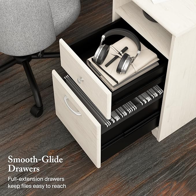 Bush Home Cabot 60W L Shaped Computer Desk with Storage in Linen White Oak 60-inch Corner Table with Drawers for Home Office Workspace
