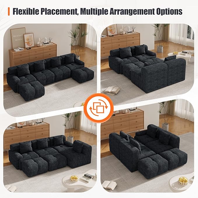 135 Modular Sectional SofaModern L-Shaped Couch with Movable Ottoman &amp Deep SeatFuzzy FabricNo AssemblyBoneless Couch for Living Room