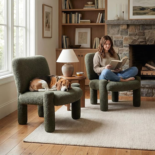 HNY Modern Accent Living Room Chairs Set of 2 Green Boucle Reading Chair Armless Lounge Chair Comfy Barrel Chair Sherpa Cloud Chair with Wood Frame for Living Room Small Spaces Bedroom Apartment