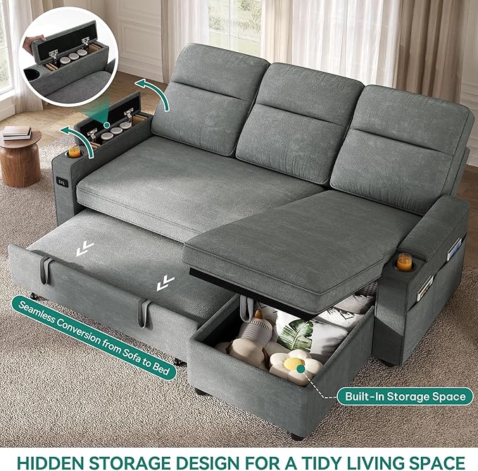 YITAHOME Sectional Sleeper Sofa with Pull Out Couch Bed 81 Convertible Sleeper Sofa with Adjustable Backrest Sofa Bed Sleeper Couch with Armrest &amp USB Port Grey