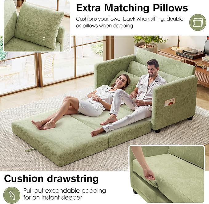 51 Loveseat Sleeper Sofa Bed Chenille Convertible Floor Sofa Bed for Small Spaces Folding Couch Bed with Deep Seat 2 Pillows &amp Solid Frame Pull Out Couch for Living Room Light Green