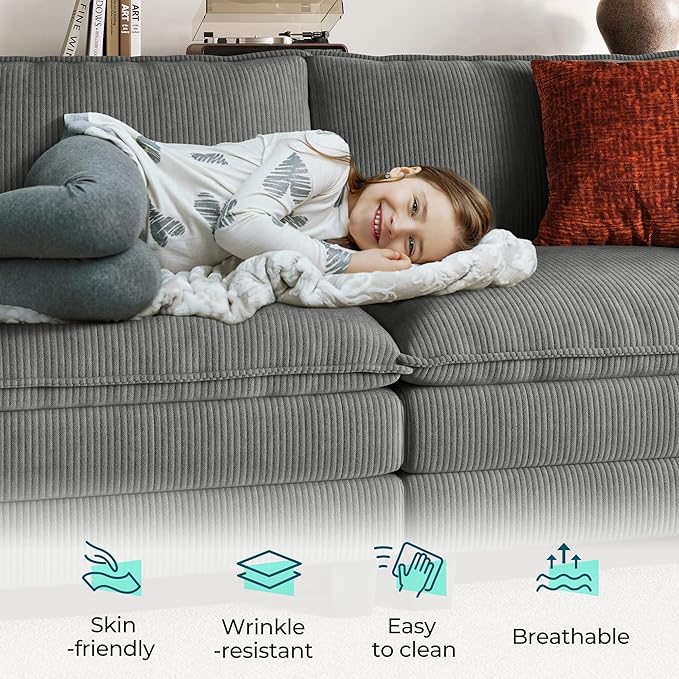 LINSY HOME 157'' Modular Sectional Sofa Grey Couch Corduroy Cloud Couches for Living Room U Shaped Couch with Movable Ottoman Modern Cloud Sectional Sofas for Bedroom and Apartment Grey