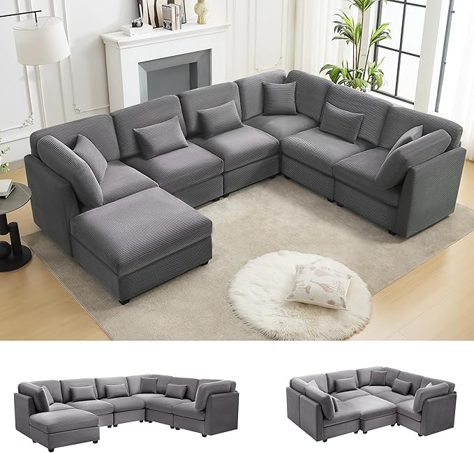 125 Inch Oversized Corduroy Cloud Couch U Shaped Modular Sectional Sofa 7 Seat Convertible Modular Sleeper Sofa Couch with Storage Sectional Couches for Living Room Grey