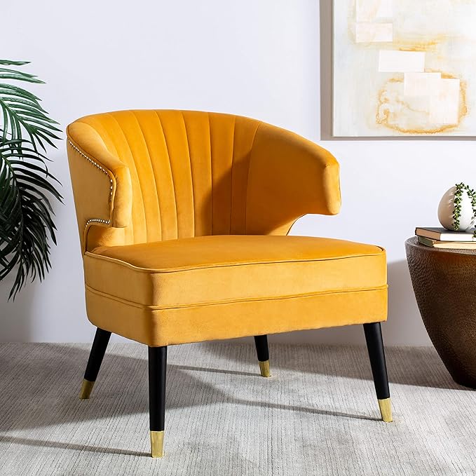 Safavieh Home Stazia Retro Glam Marigold Velvet and Black Wingback Accent Chair