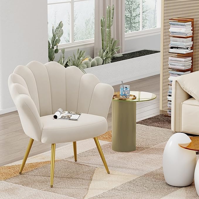 Alunaune Mid Century Velvet Living Room Chair Set of 2 Upholstered Vanity Accent for Makeup Room Modern Barrel Arm Guest Leisure Comfy for Bedroom-Ivory