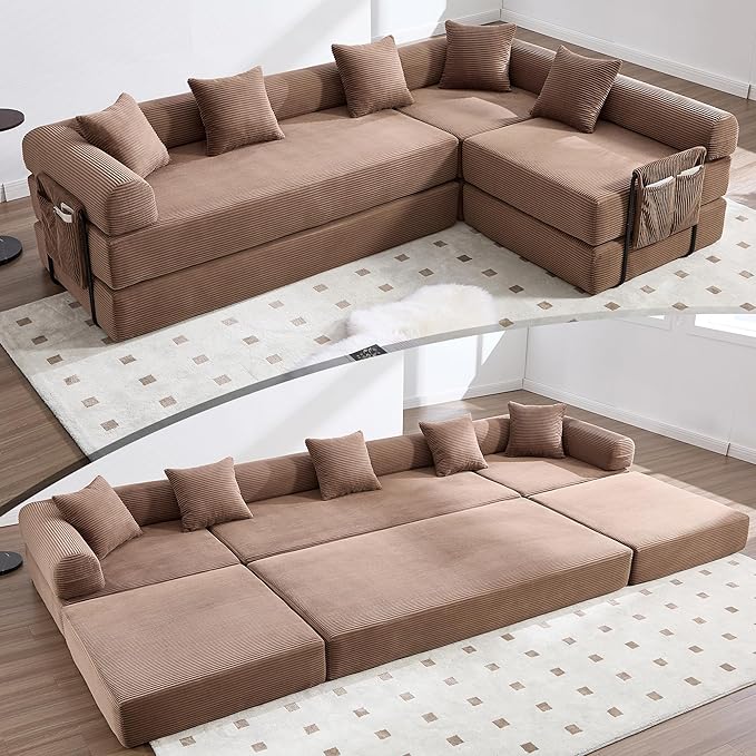 106.3 Oversized L Shaped Convertible Sleeper Sofa Bed Corduroy Modular Folding Sectional Sofa with Cylindrical Pillow &amp Storage Bags Modern Floor Mattress Couch for Living Room Brown