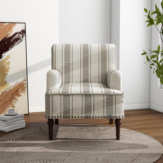 Accent Chair Mid Century Modern Comfy Armchair for Living Room Linen Fabric Single Sofa Lounge for Reading Bedroom Apartment Waiting Room with Wood Legs (Brown Stripe Set of 1)