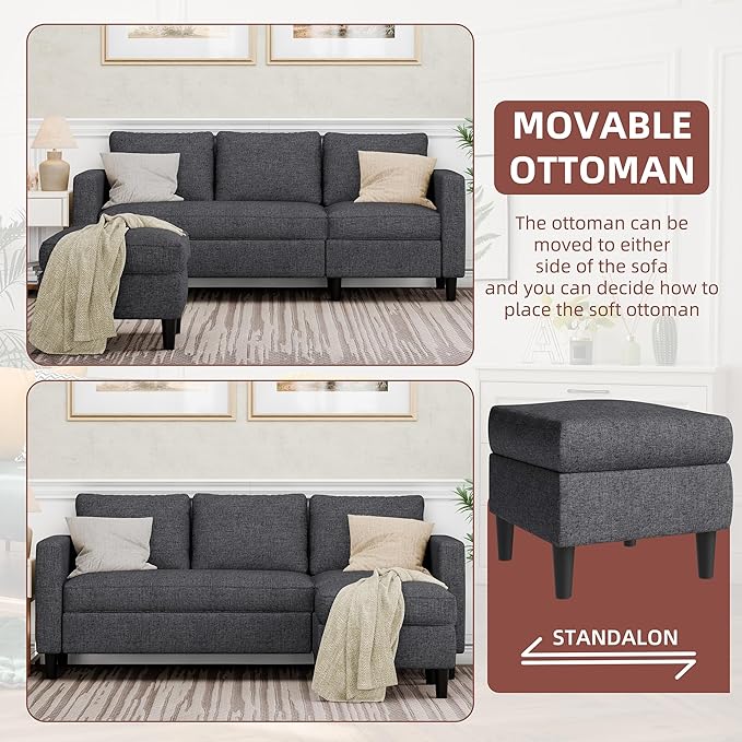 JAMFLY Sectional Sofa Couch Convertible L Shaped Sofas with Ottoman Small Sectional Couches for Living Room 3 Seater Couch for Small Spaces Pink