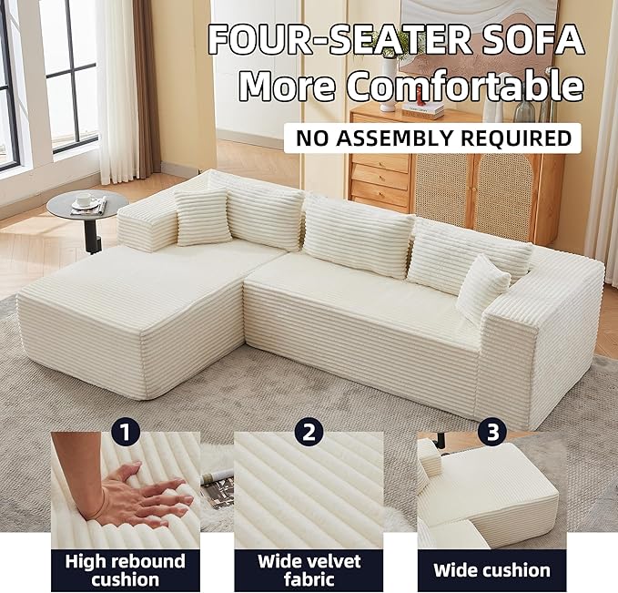 107 Combination Sofa Couches Does Not Require Assembling L-shaped ReclinerModular Sofa Set Of 2Fits Living Room Bedroom Office Corduroy FabricEquipped with headrest (left facing chaise White）