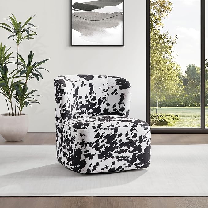 OSP Home Furnishings Lucia Modern Barrel Swivel Accent Chair Black Cow Print Fabric