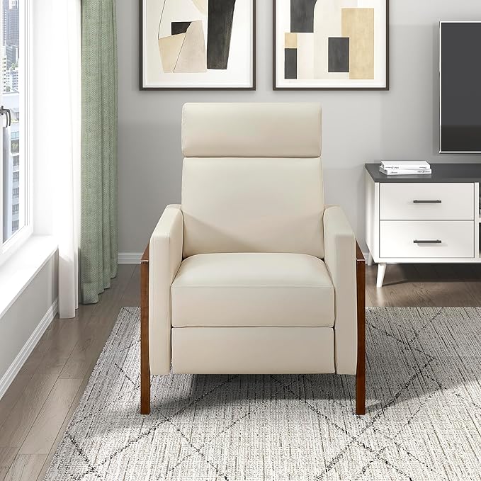 Lexicon Push Back Recliner Chair Faux Leather Upholstered Reclining Chair with Footrest Exposed Dark Brown Finish Wood Frame Small Recliner for Small Space Living Room Bedroom Light Beige