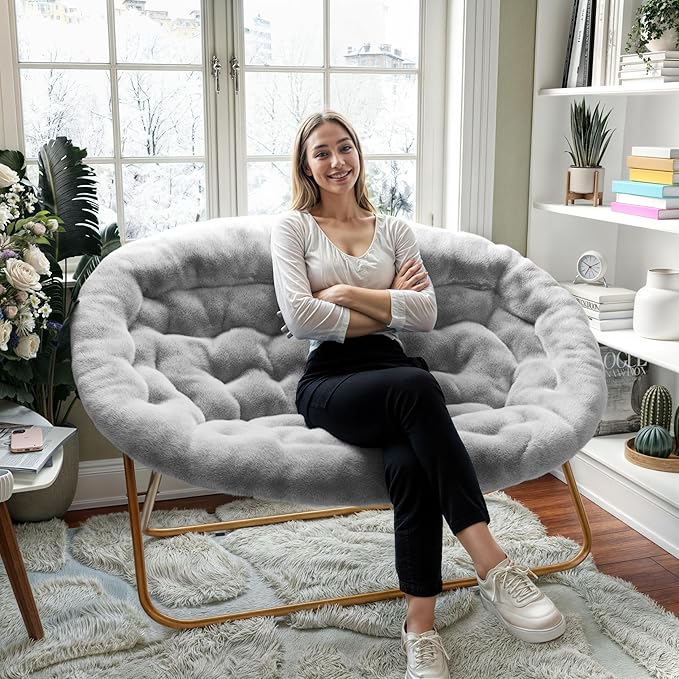 BizChair 56 Portable Folding Double Saucer Chair in Gray Faux Fur with a Soft Gold Steel Frame for Dorm Living Room or Bedroom