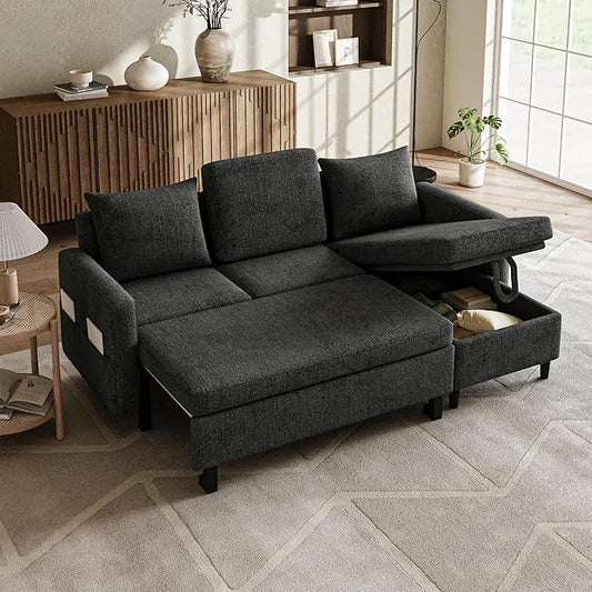 Sleeper Sofa Pull Out Couch Bed with Storage Chaise L Shaped Sectional Sofa 2 in 1 Convertible Couch with Reclining Backrest USB Ports &amp Type-C for Small Space Living Room(Dark Gray) | Chenill