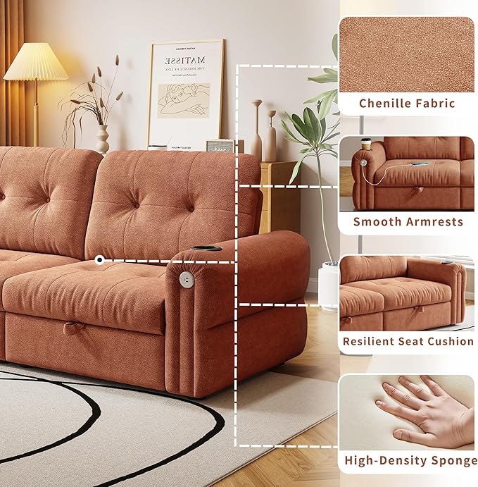 80.4 Convertible Sofa Bed with Cup Holders and Adjustable Backres Chenille Loveseat Sleeper Sofa with Pull Out Bed and USB Charging 3 in 1 Multi-Functional Couches (Orange 80.4-inch)