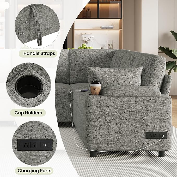 Sleeper Sofa with Pull Out Bed Oversized U Shaped 7 Seat Modular Sectional Couches for Living Room Sofa Bed with Storage Chaise Lounge USB Ports Cup Holders Chenille Cloud CouchLight Grey
