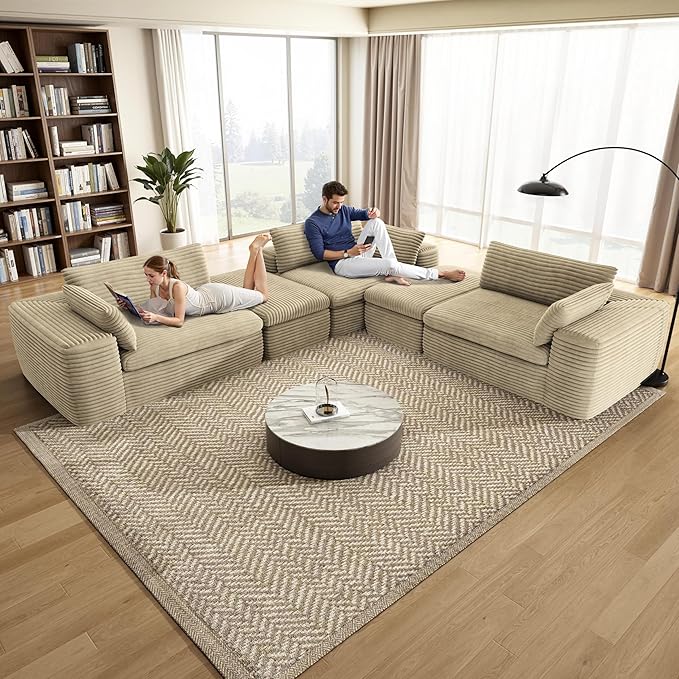 185'' Oversized Sectional Couches for Living Room Boneless Modular Sectional Sofa Plush Corduroy Cloud Couch with Ottoman U Shaped Sofa Bed No Assembly(Beige)