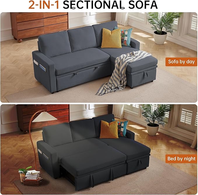 Sleeper Sofa Bed Convertible L Shaped Sofa | Pull Out Bed with Reversible Storage Chaise | Layered Storage | Side Pockets | 3-Seater Comfy 79 Sectional Pullout Couch for Living Room Dark Grey