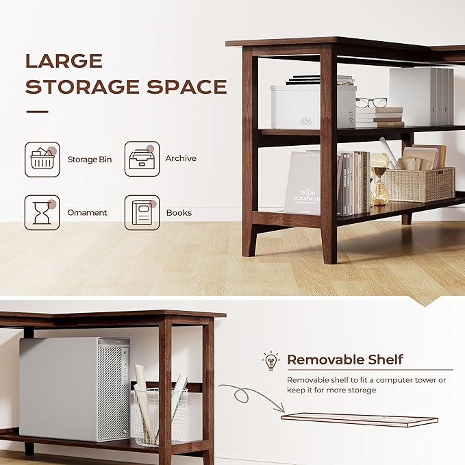 IOTXY Reversible L-Shaped Office Desk - 63 Extra Large Corner Computer Table with Storage Shelves Solid Wood Legs Home Writing &amp Study Workstation Walnut