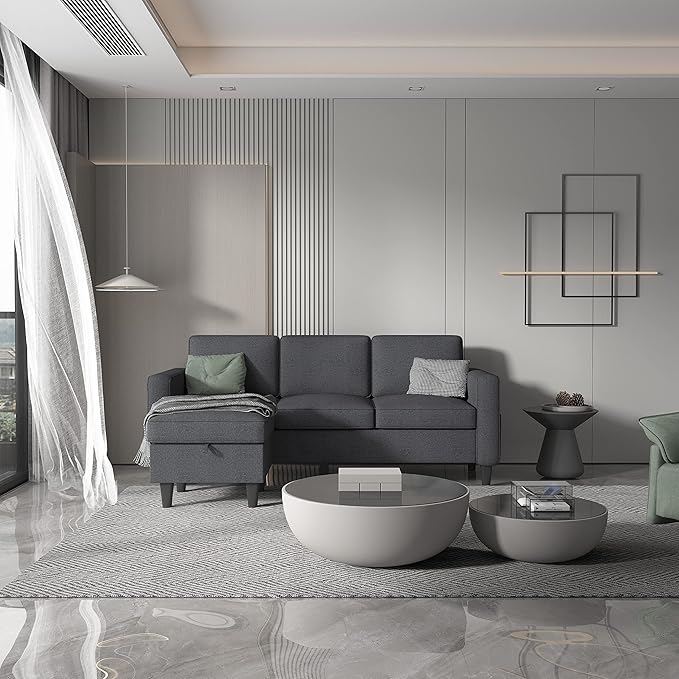 Dark Grey Convertible Sectional Sofa CouchModern Linen Fabric Upholstered L-Shaped Sofa Couch with Armrest Pockets3-Seat Sofa with Reversible Storage Ottoman for Living Room Small Space Apartment
