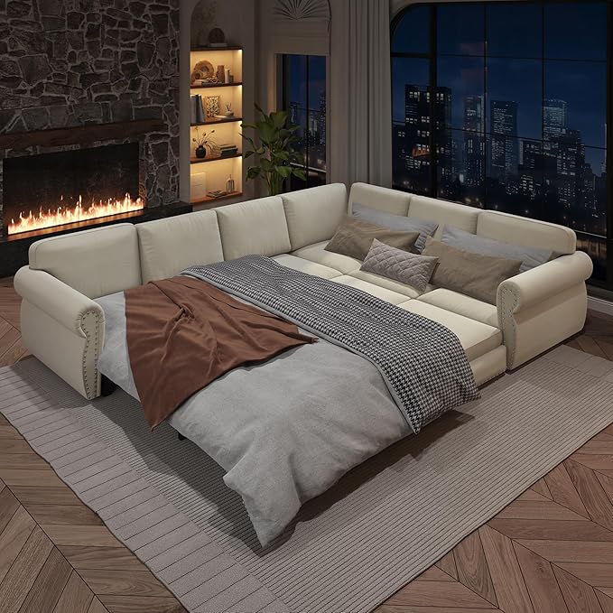 118'' Sleeper Sofa Bed with Pull Out Couch Bed Chenille L Shaped Sectional Sofa with Nailhead Trim &amp Rolled Arm 6 Seater Corner Sectional Couches for Living Room Furniture Beige