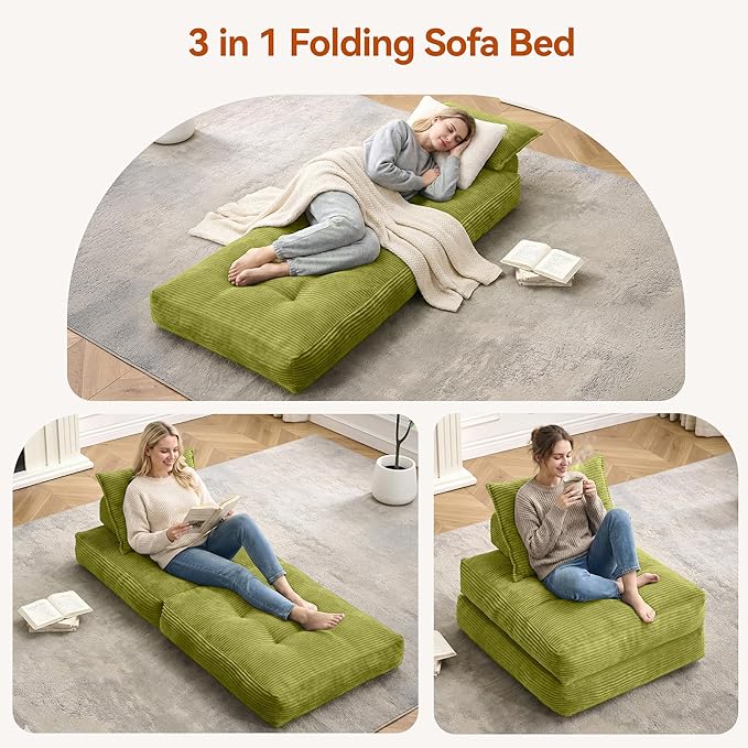 Folding Sofa Bed Fold Out Chair Bed with Pillow Convertible Sleeper Chair for Living Room/Small Spaces Foldable Lazy Sofa Bed Floor Chair Comfy Corduroy Couch Bed Pistachio Green