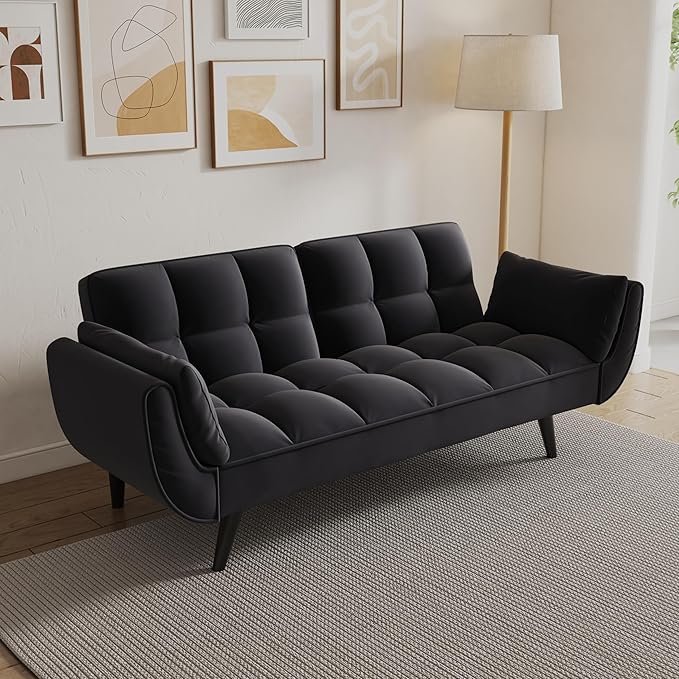Olela Futon Sofa Bed Convertible Sleeper Couch 74 W Modern Velvet Loveseat with Adjustable Backrests and Solid Wood Legs for Living Room Bedroom Small Space (Black)