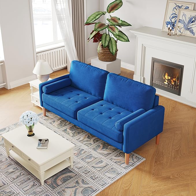 67 W Modern Velvet Loveseat Sofa Mid Century Modern Decor Love Seat Couches for Living Room Button Tufted Upholstered Small Couch for Bedroom Easy to Install Love Seats Furniture (Blue)