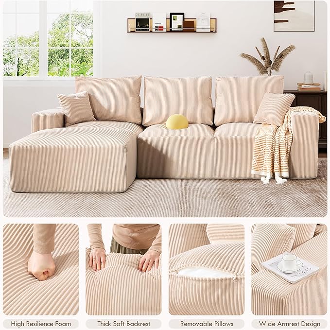 108 Modular Cloud Sectional Sofa 17.8 Comfort Height &amp Neck Pillow Modern Corduroy Couch with L-Shape Oversized Chaise for Living Room Bedroom No Assembly Required (Beige)