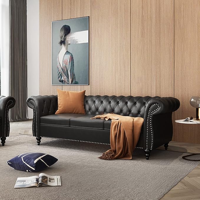 PU 3 Seater Sofa Chesterfield Sofa Modern Tufted Couch 3 Seater Large Sofa with Scroll Arms and Nailhead for Living Room Black PU