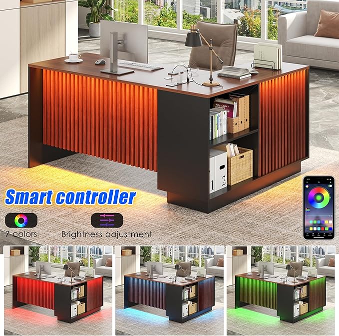 63 L-Shaped Executive Desk Home Office Standing Desk with Storage Drawers File Cabinet and Privacy Panel Modern Corner Desk with Charging Station &amp Led Lights(Walnut+Black)