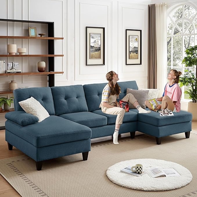 111 Sectional Couch for Living Room Modern Polyester Fibre U Shaped Sofa Couches with Double Chaise Upholstered 4 Seater Sofa for Living Room Apartment Office Blue