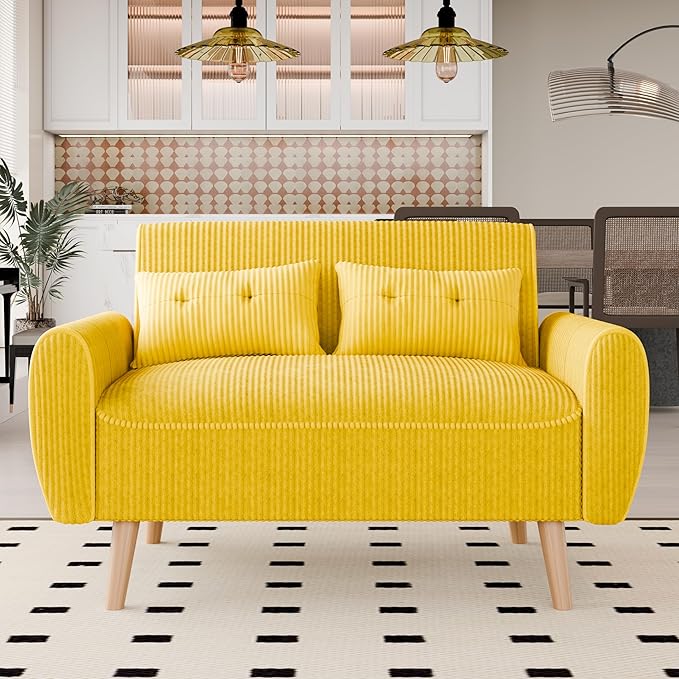 Vongrasig 48 Small Modern Loveseat Sofa Mid Century Soft Corduroy Fabric 2-Seat Sofa Couch Tufted Love Seat with Back Cushions and Tapered Legs for Living Room Bedroom and Small Space (Yellow)