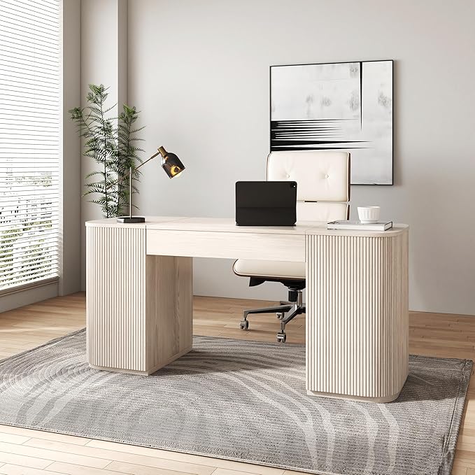 homary 59.8 Modern Standing Desk Home Office Desk Engineered Wood Office Desk with Lift-Top &amp Ample Storage for Office Study Wash White